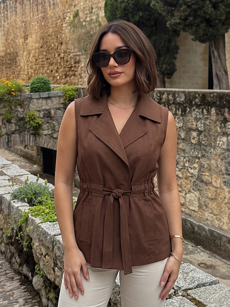 HH Spring Fell Lapel Sleeveless Vest Self Tie Waist Belt Pocket Mid-Length Trench Style Waistcoat Weekend Shopping Travel Outfit