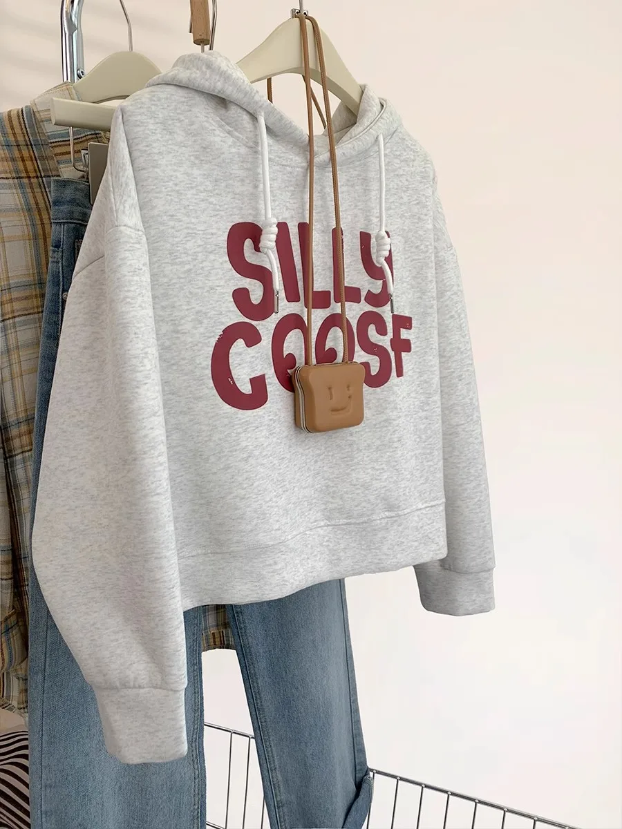 

Anti-Aging Hoodie!!! American Letter Grey Short Women's Loose Lazy Style Top Polyester Fiber Long Sleeve Korean Version