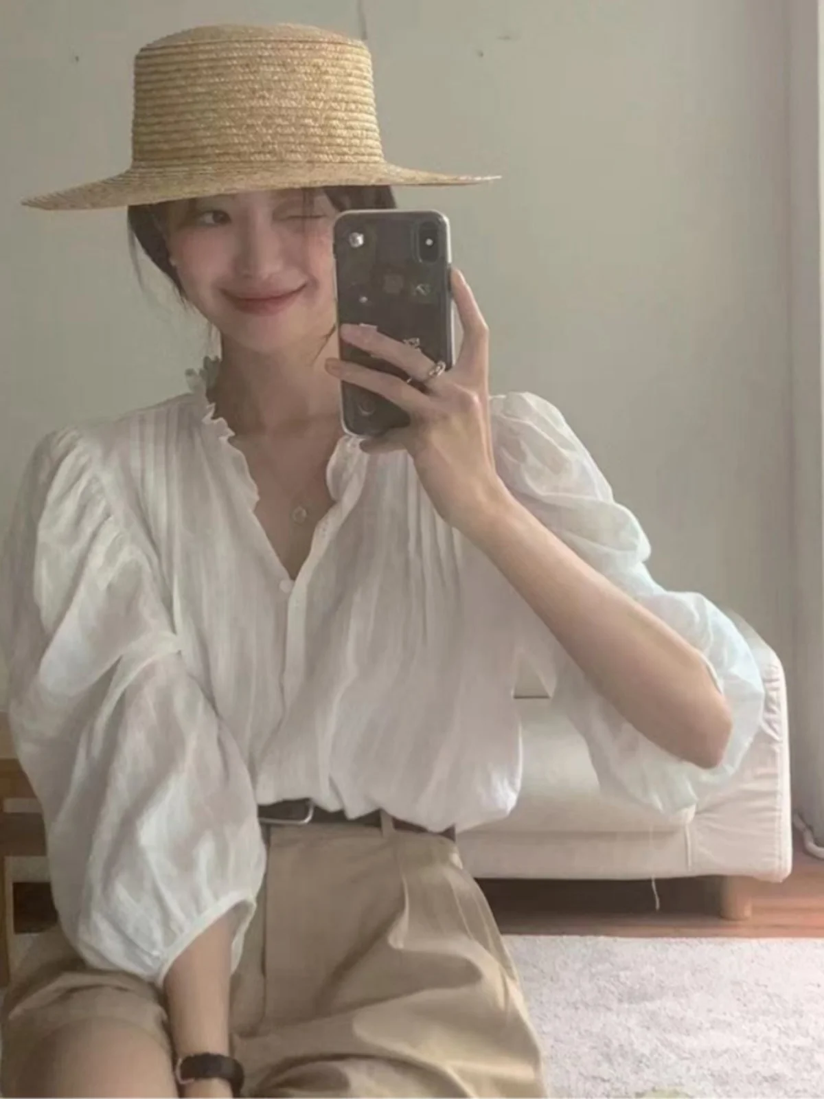 

Новый летний корейский свободный крой для защиты от солнца irt f с открытым воротником и кружевной отделкой Seven Quarter Sve, плиссированный тонкий топ для женщин