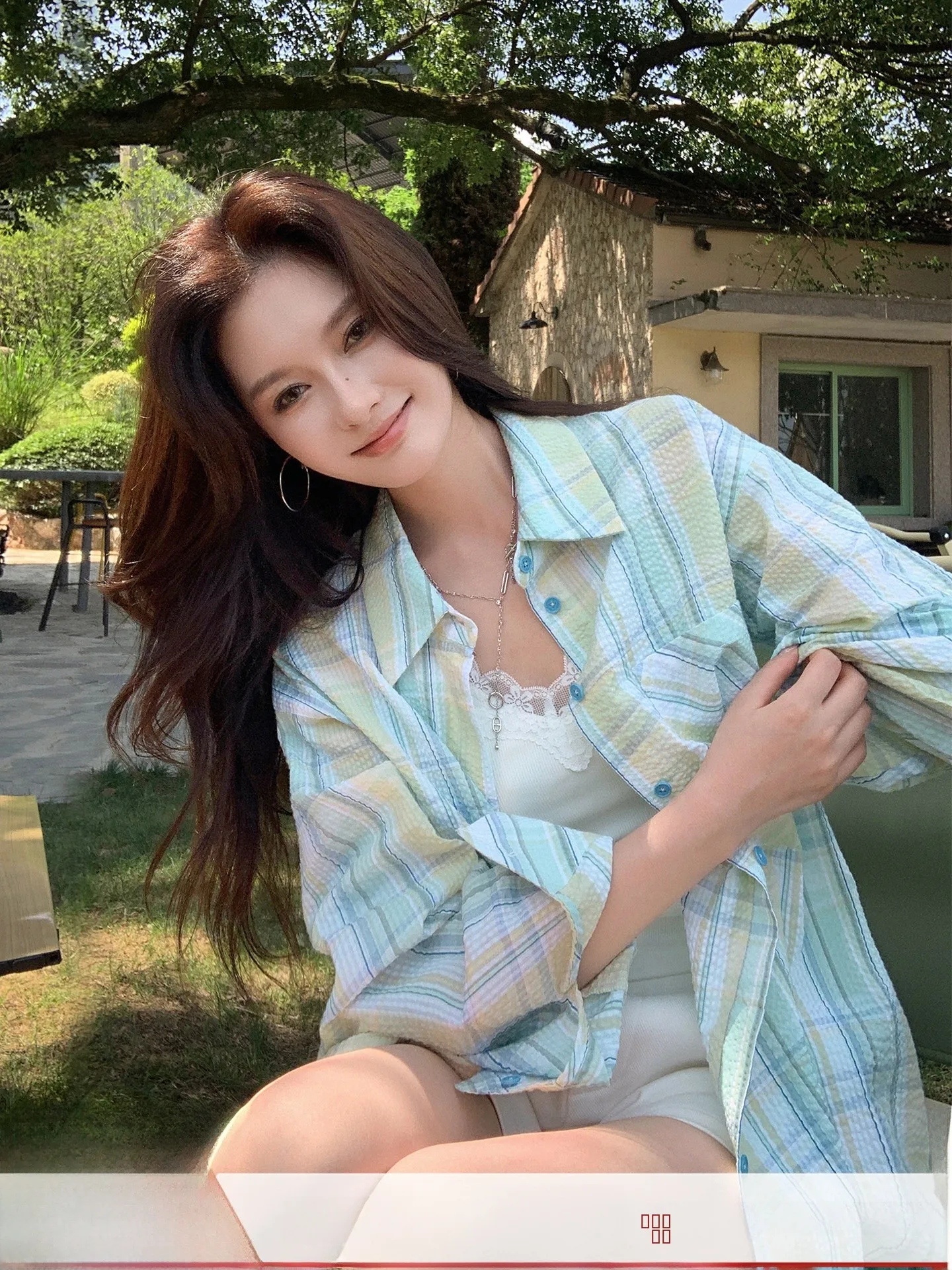 

Mature Plum Blossom Summer Vitali Refreing Blue een Plaid Loose Fit Women's irt Long Sve Button up Casual Outerwear