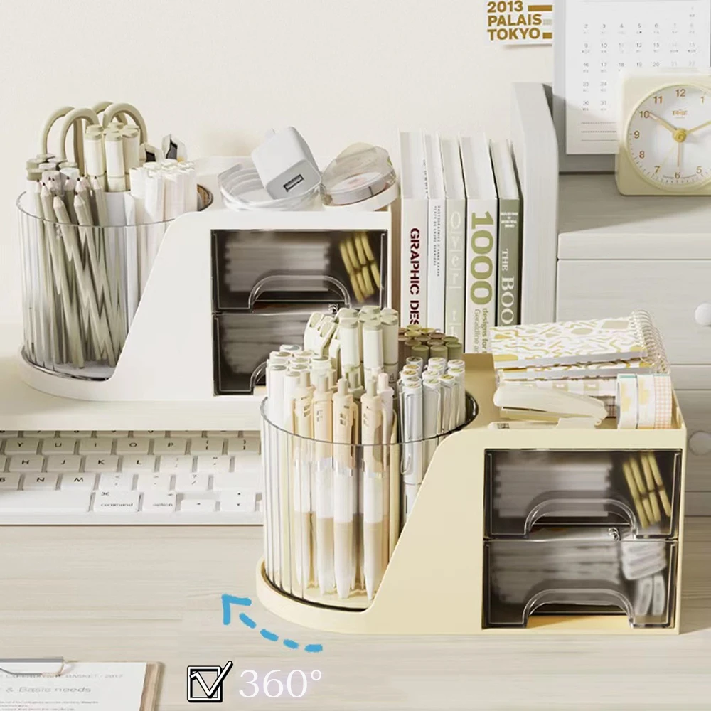360 ° منظم القلم المكتبي الدوار مع الأدراج وحامل القلم #1