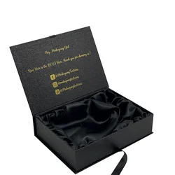 500pcs Luxury Black Wigs Box with Satin Insert Custom Human Hair Accessories Packaging Magnetic Lid Beauty Box with Ribbon wj75