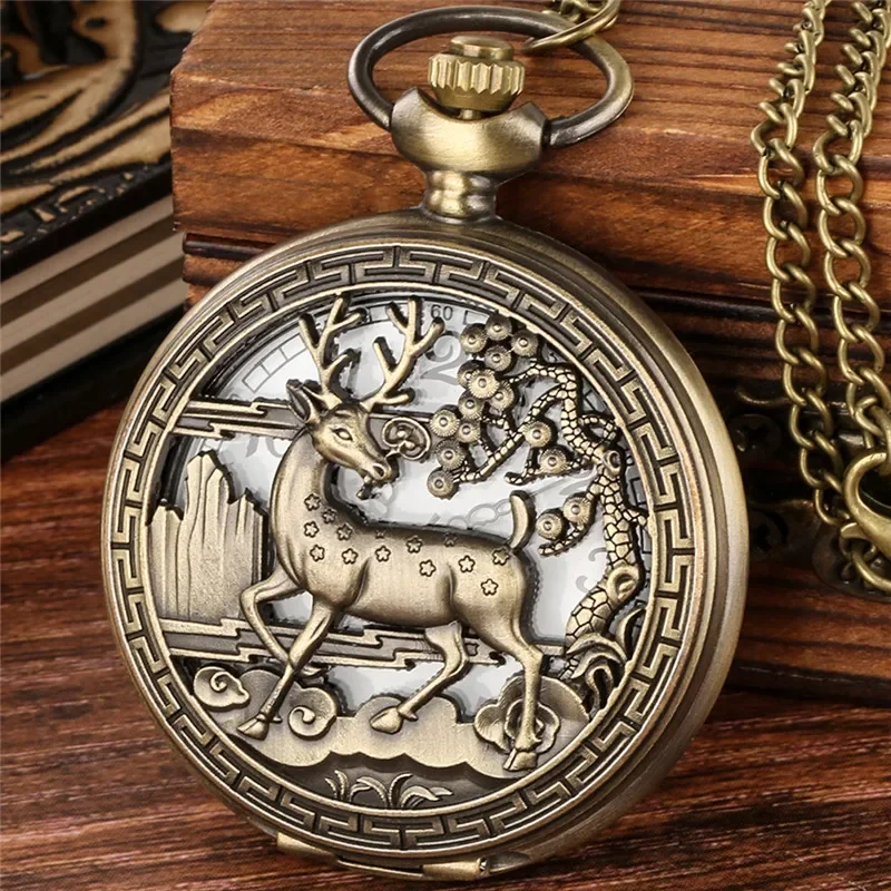 Vintage Hollow Out Elk Flower Case Half Hunter Quartz Pocket Watch for Men Women Necklace Pendant Chain Arabic Number Clock