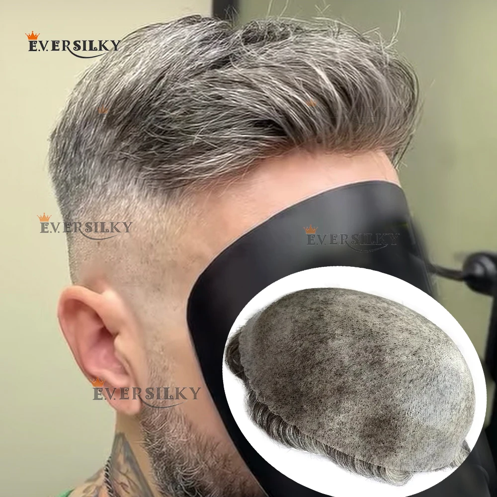 

Men's 1b65 1B80 Grey Man 0.1mm Injection Full PU Toupee Indian 100% Human Hair Replacement System Male Hair Capillary Prosthesis