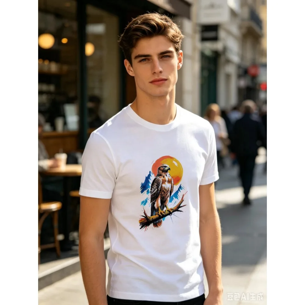 Majestic Brown Hawk Eagle Perched On Broken Branch Against Orange Sun And Mountain Background Print Men White T Shirt