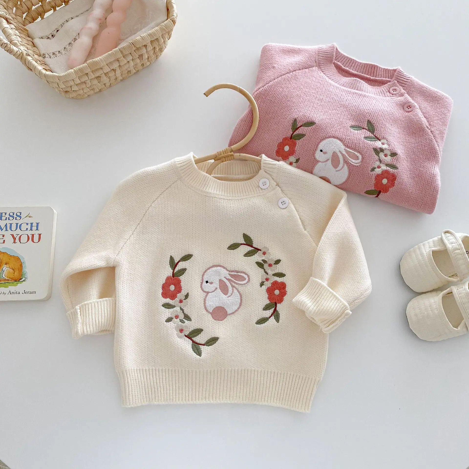 

Toddler Girls Knitted Sweater 0-5Y Cute Rabbit Flower Embroidery Pullover Kids Casual Long Sleeve Soft Knit Top with Side Button