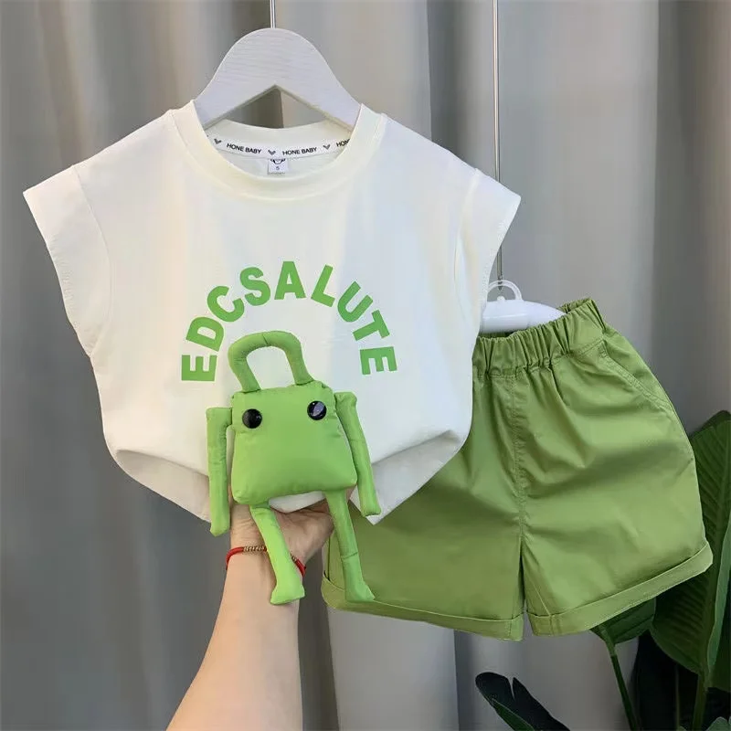 Camiseta y pantalones cortos de algodón con letras para bebés, ropa de dos piezas, traje de Boutique coreano, trajes deportivos para niños, moda de verano