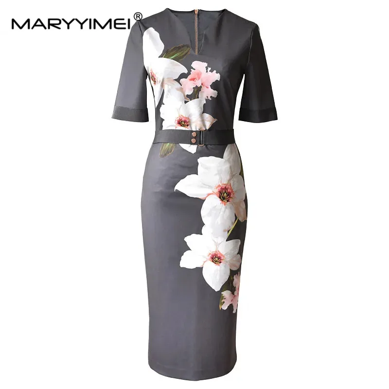 MARYYIMEI Designer Custom Summer Party Vintage Big Flower Print Dresses Women's Sexy Deep V-Neck Short Sleeve Slim Dress Female