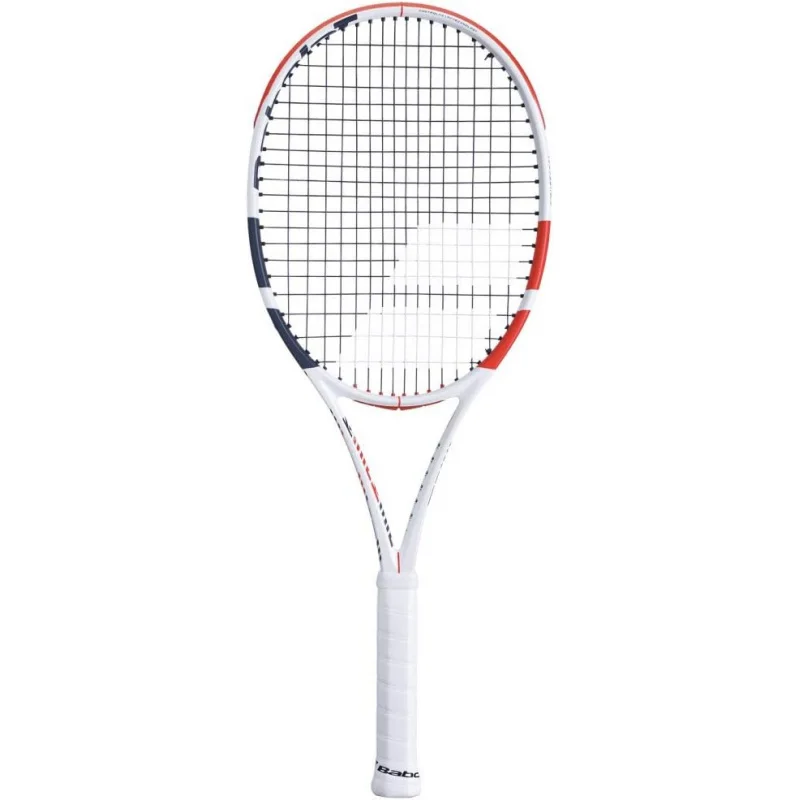 Aqbabolat pure strike 100 tennisracket (3e generatie) - geregen met 16 g witte Babolat SYN darm bij middenklasse spanning