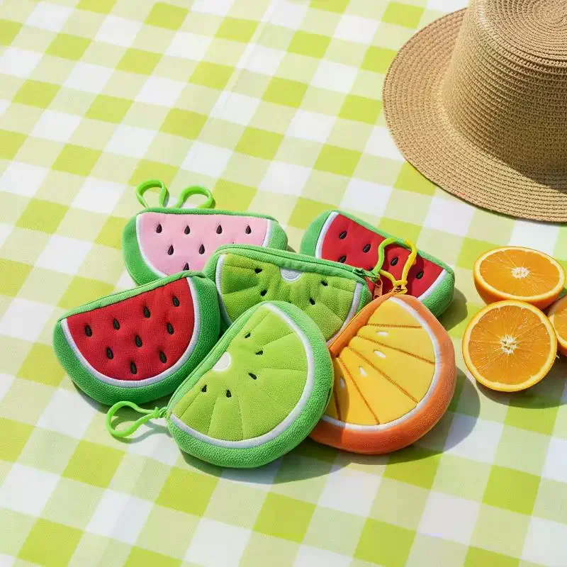 Cute Plush Fruit Slice Wallet Soft Coin Purse Zipper Earphone Storage Keychain Charm Cartoon Mini Card Bag Students view 2
