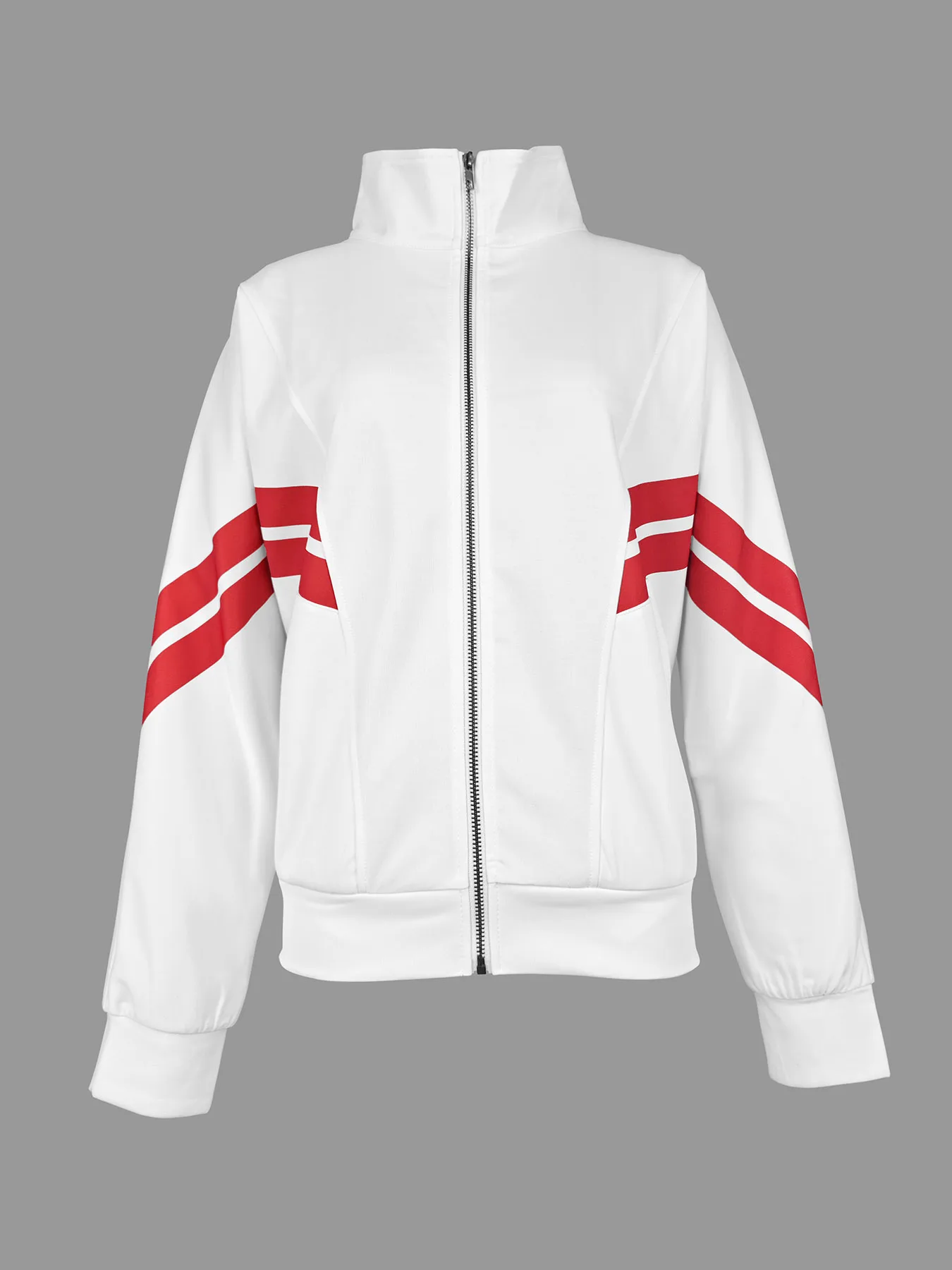 

Yeezzi 2025 Women's Red Striped High-Neck White Jackets Spring Fall Long Sleeves Loose Zipper Casual Daily Outerwear Sportswear
