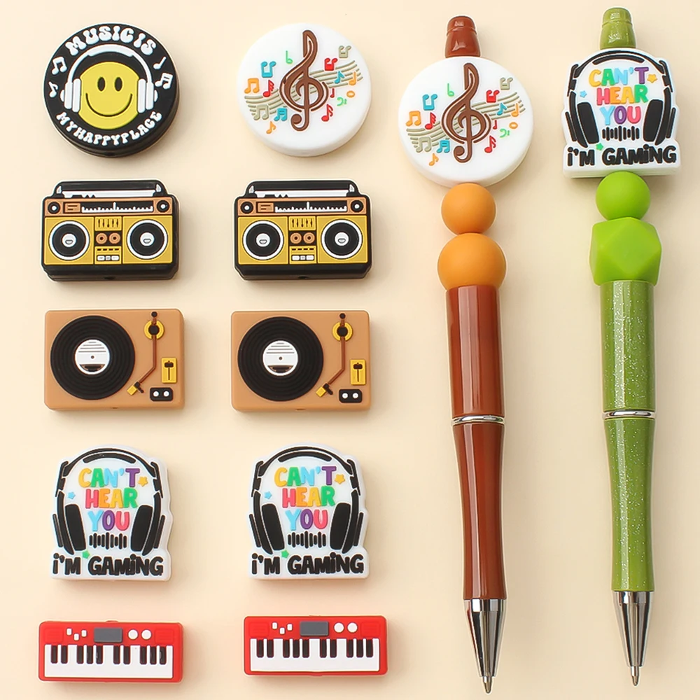 5/20/50Pcs Music Theme Silicone Beads Piano Headphones Gramophone Focal for Jewelry Making Beads KeysChain Pen Beaded Accessory