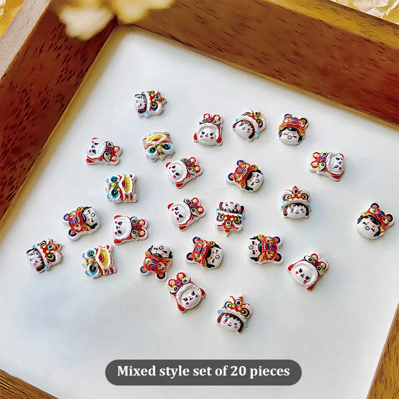 20PCS New Year Cute Lion Dance Nail Art Decor Stereoscopic Mixed Loading Decoration Nail Patches