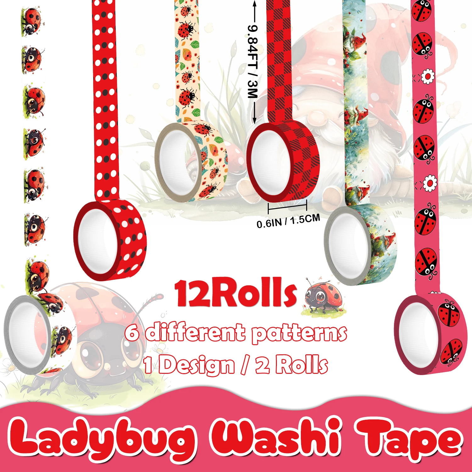 Estilo joaninha Washi Tape Set, fita decorativa vermelha, anotação tomando suprimentos, Scrapbooking, DIY, 12 rolos