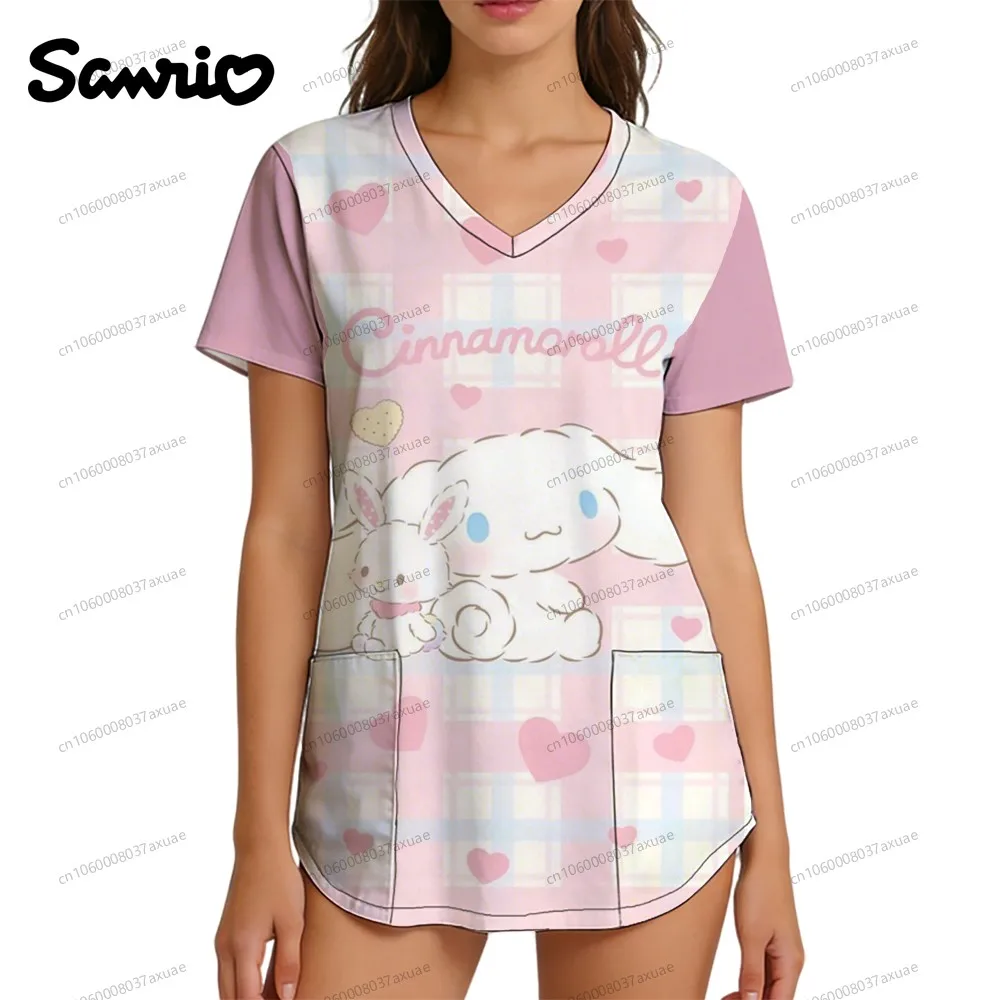 

Personalized T-shirt Sanrio Anime Scene Clothes Nurse Uniform V Neck T Shirt Clinical Uniform Woman Cinnamoroll Cuteore Clothing