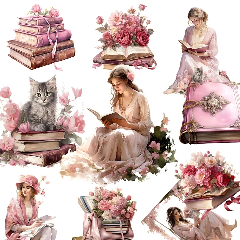 Watercolor Retro Pink Girls Reading Books  Watercolor Plants  Hand Account Stickers Cute Crafts and Scrapbooking  Planner