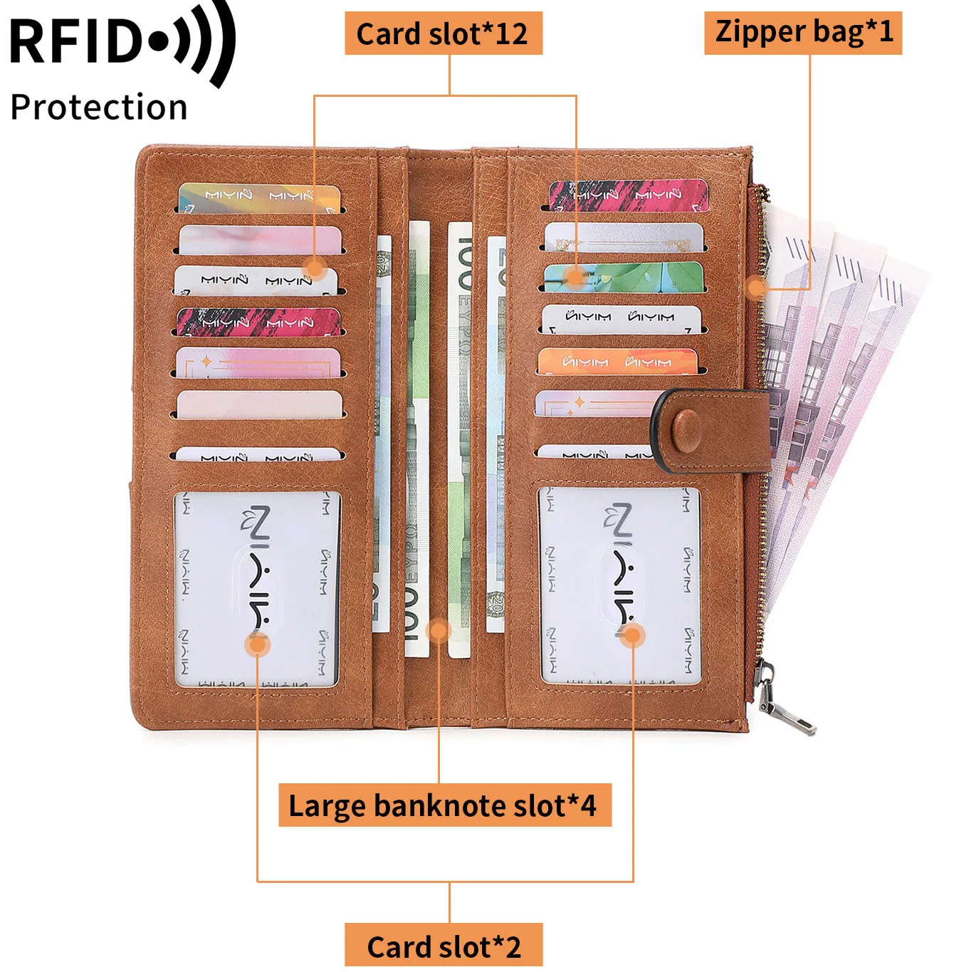 Western RFID Blocking PU Leather Long Women Wallet Multi-cards Large Capacity Coin Purse for Ladies