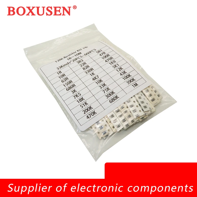 

33 значенияX 20 шт. = 660 шт. Набор образцов 1206 100% оригинальный новый набор резисторов 1206 SMD Ассорти комплектов 1 Ом-1 М Ом 1%