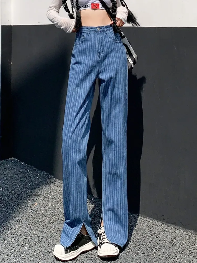 

ZHISILAO New Stripe High Waist Straight Jeans Women Vintage Wide Leg Denim Pants Streetwear 2024