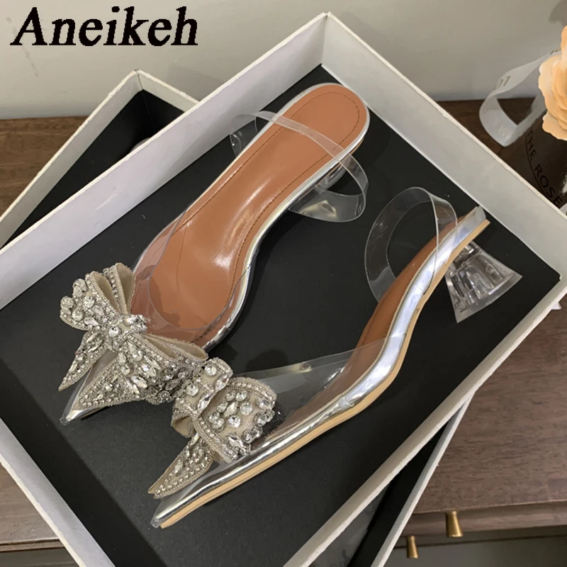 Aneikeh Silvery Transparent Spike Heels Sequin Rhinestone Women Slingbacks Pumps PVC Sexy Pointed Toe High Heels Shoes Ladies