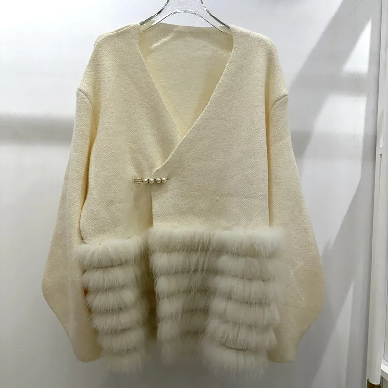 Women Plus Size Autumn Knitted Cardigan With Real Fox Fur Stripe Loose Casual Knitwear Winter Coat Long Sleeve Outwear