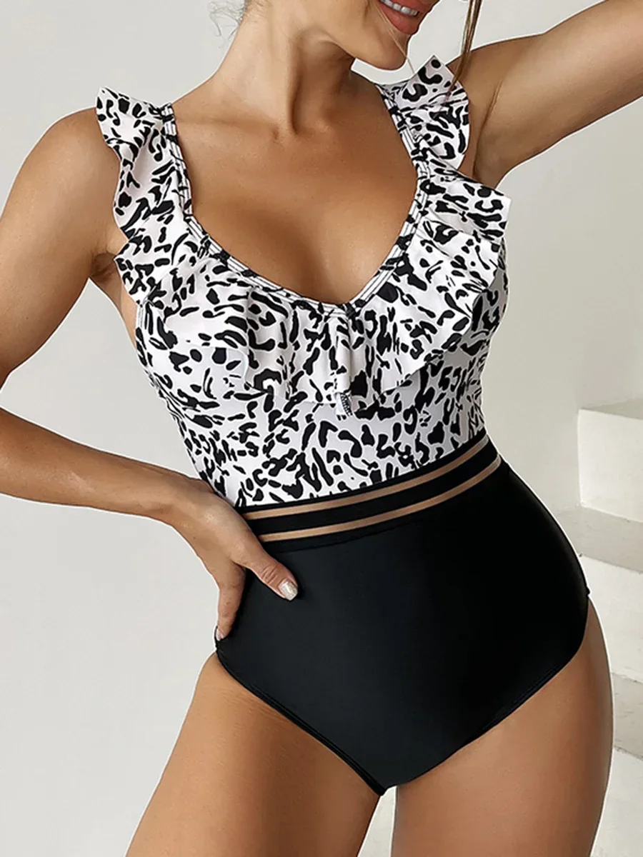 2024 Leopard Women Swimsuit One Piece Mesh Tape Swimwear Female V-neck Bodysuit Bathers Bathing Swimming Suit Sports Beachwear