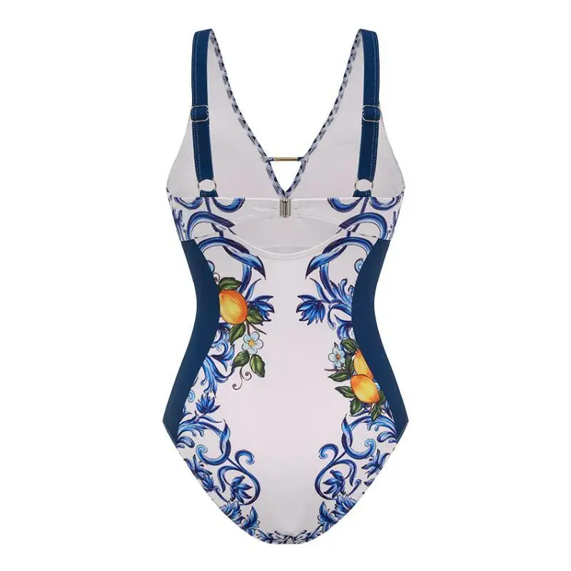Flaxmaker 2026 Summer Sexy V Neck Lemon Printed One Piece Swimsuit Ladies Elegant Brazilian Bowknot Lily Printed Swimsuit Set(s)