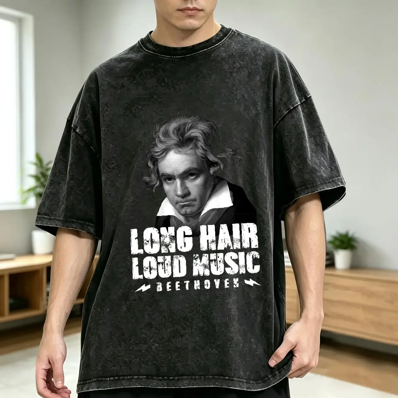 washed T Shirt Long Hair Loud Music Beethoven Classical Humor sleeves vintage Washed Stylish Stretched Comfortable homme