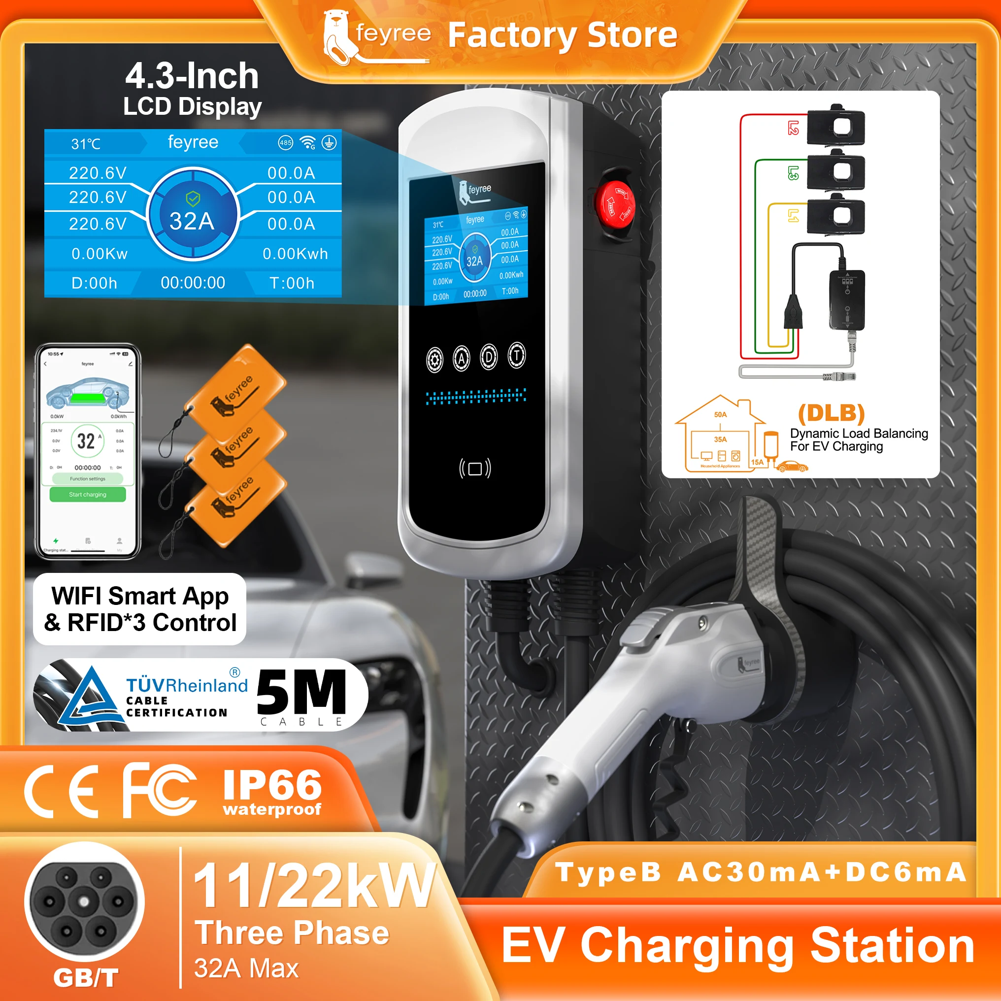 Cargador Rápido para Vehículos Eléctricos Feyree de 4.3 Pulgadas, 22kW, 32A, 3P, Cargador DLB para Vehículos Eléctricos, Enchufe de Cargador GBT, Estación de Carga EVSE Wallbox para Automóviles Eléctricos