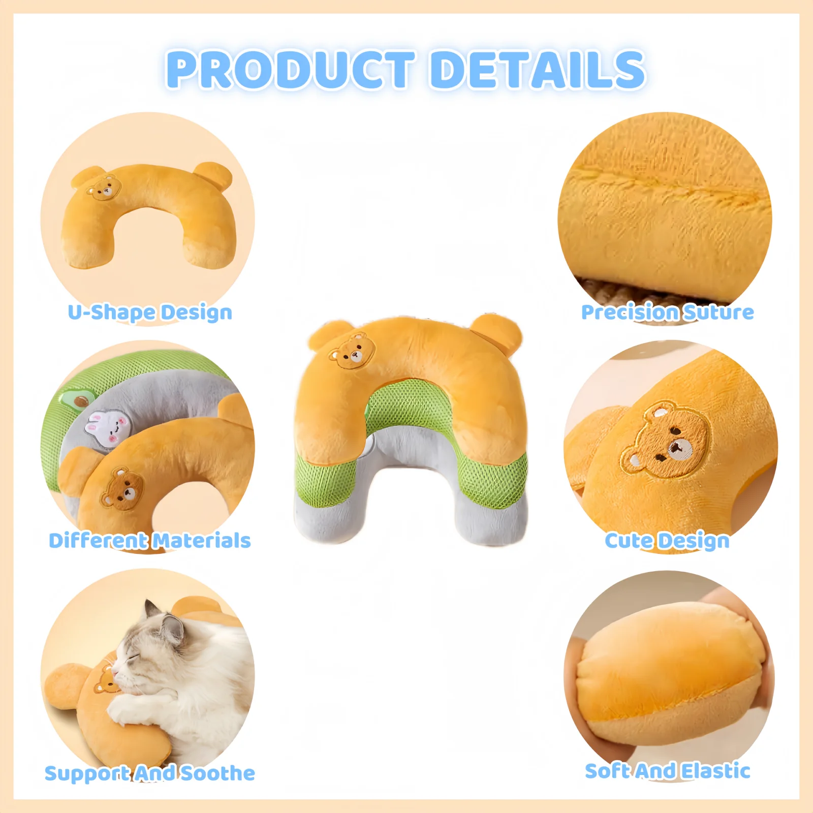 Cat Pillows for Indoor Cats Dog Calming Pillow Half Donut Neck U-shaped Pillow for Puppy and Kitten Washable Cute Pillow