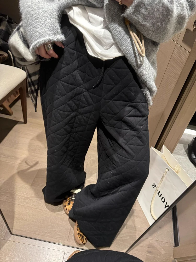 Winter Dikke Argyle Wijde Pijpen Broek Vrouwen Y2K Hoge Taille Streetwear Losse Casual Broek Vrouwelijke Warme Alle Match Rechte Broek