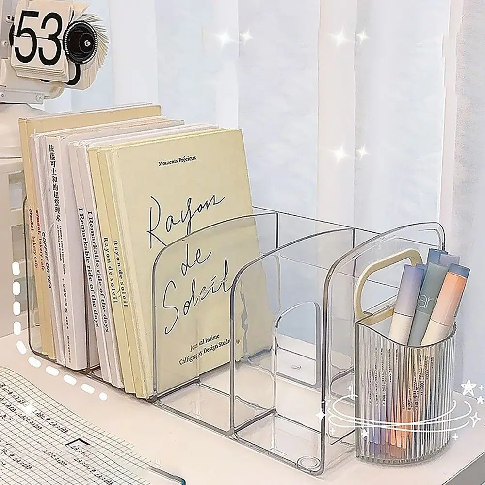 Imagem -05 - Clear Acrylic Desk Organizer com Alça Desktop Sorting Rack Dividido Book Stand Conveniente Estudante