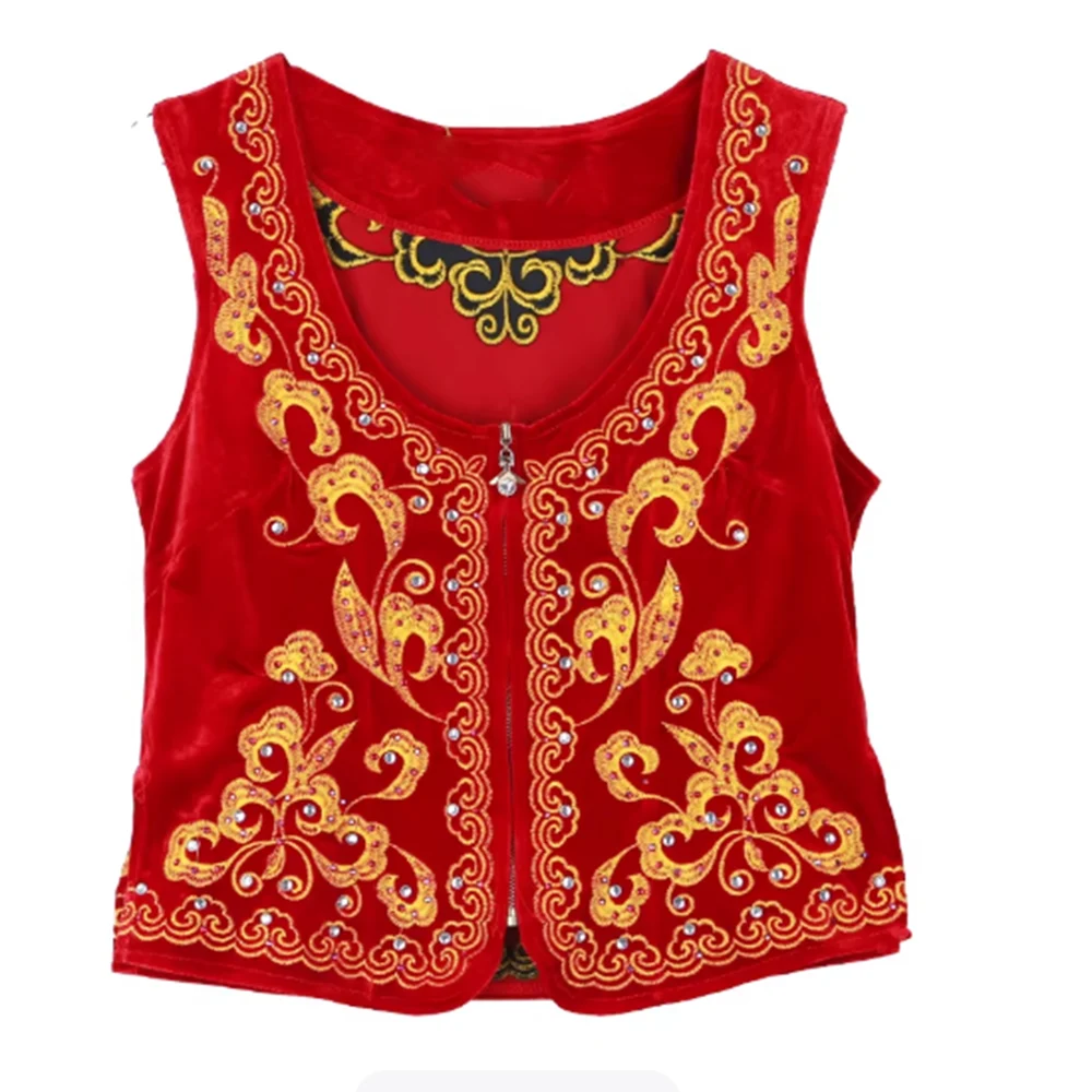 Chaleco de Baile para Mujer, Chaleco de Ballet Personalizado de Terciopelo Dorado con Pedrería Bordada, Chaleco Corto Étnico para Baile de Salón