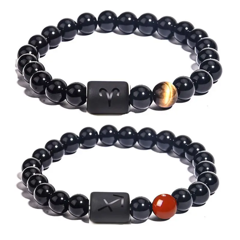 

New 12 Constellation Elastic Bracelet, Tiger's Eye Stone Mixed Colored Bead Bracelet