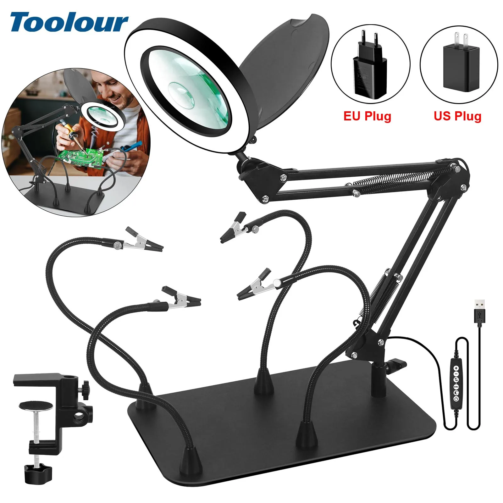 

Toolour Magnetic Helping Hands Soldering Station with 5X 10X Magnifying Lamp 4 Flexible Arms Lighted Magnifying Glass for PCB