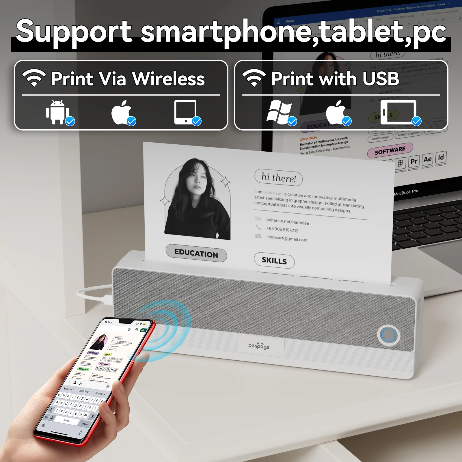 طابعة PeriPage P81 A4 طابعة محمولة لاسلكية حرارية تعمل بالبلوتوث USB آلة حرارية متنقلة PDF وثيقة طابعة مكتب الصور