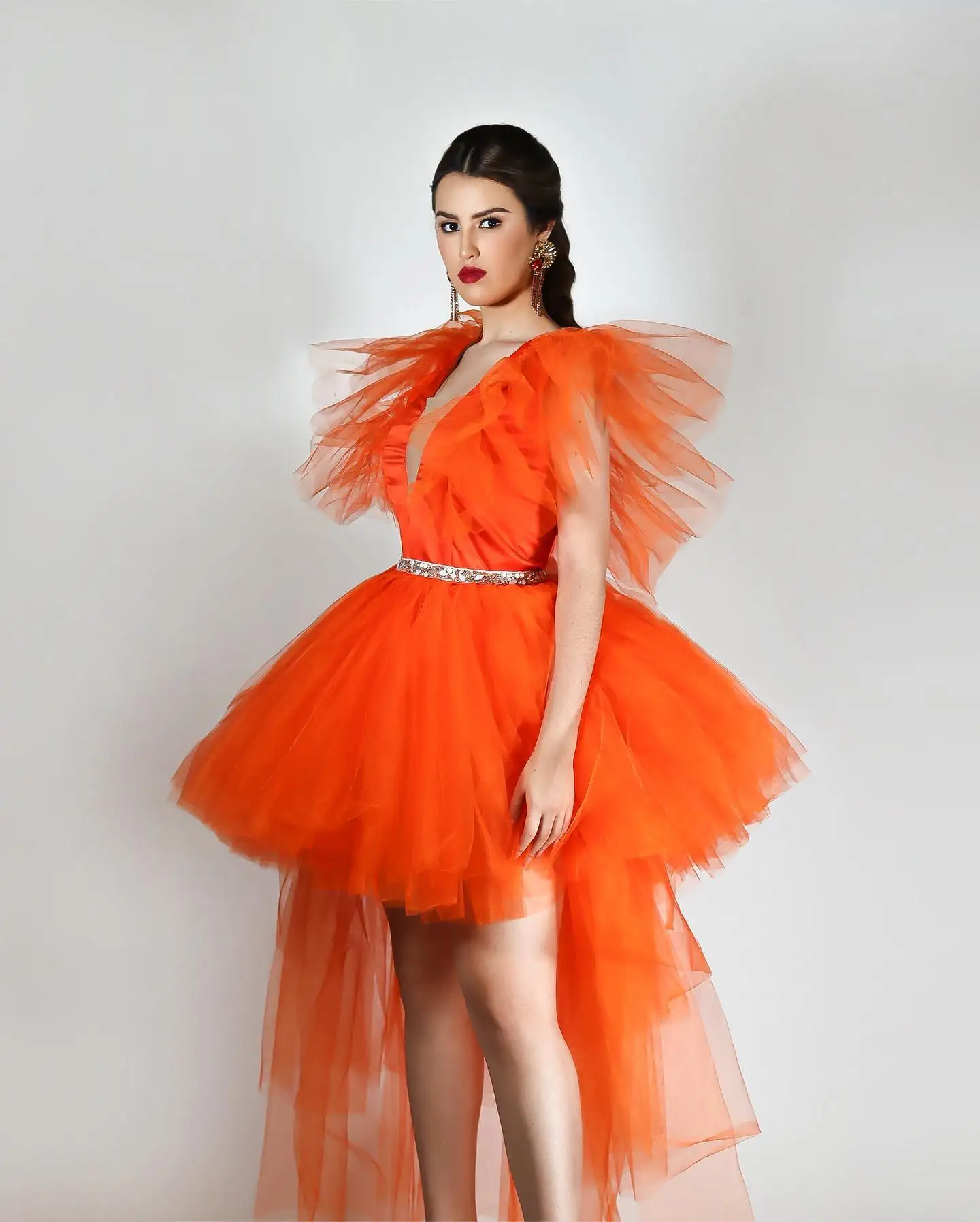 Beautiful Hot Orange High Low Tulle Women Dresses To Party Sparkle Crystal Sash Lush Tutu Tulle V-nbeck  Female Maxi Dress