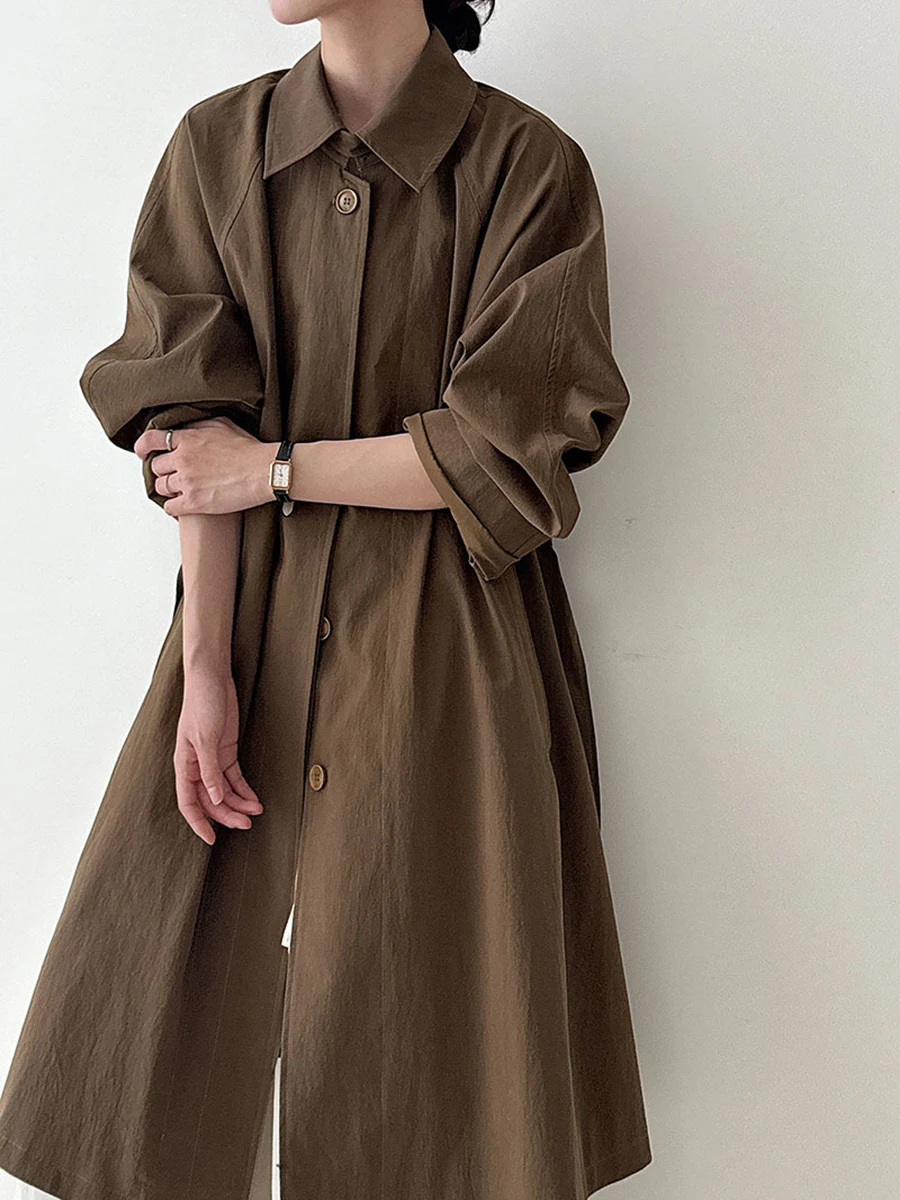 LIMO Women Lapel Single Button Long Trench Coat Belted Loose Oversized Windbreaker Outerwear