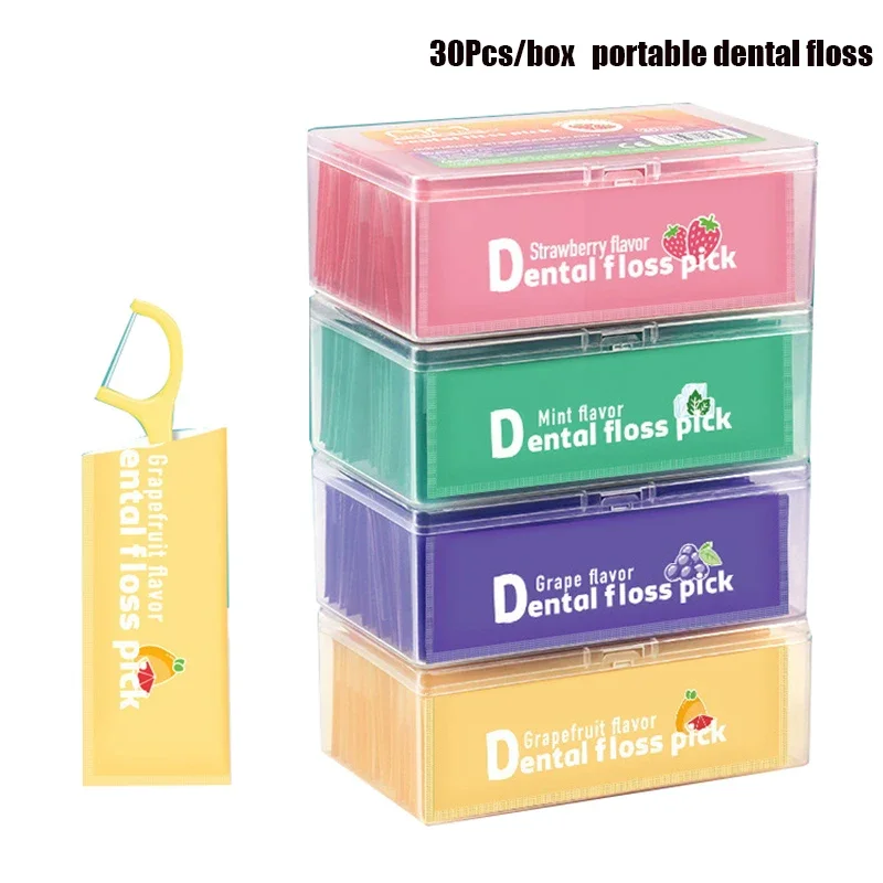 

30 шт./кор., красочная зубная нить со вкусом фруктов, набор зубочисток, портативная зубочистка, очиститель зубов с трубкой для хранения
