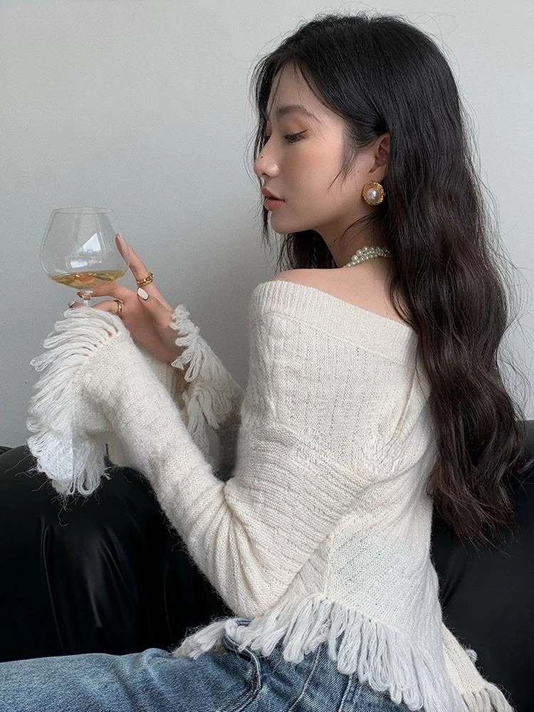 Knitted Pullovers Women Irregular Designed Slim Tassel Gentle Office Ladies Elegant Flare Sleeve Vintage French Sweaters Popular