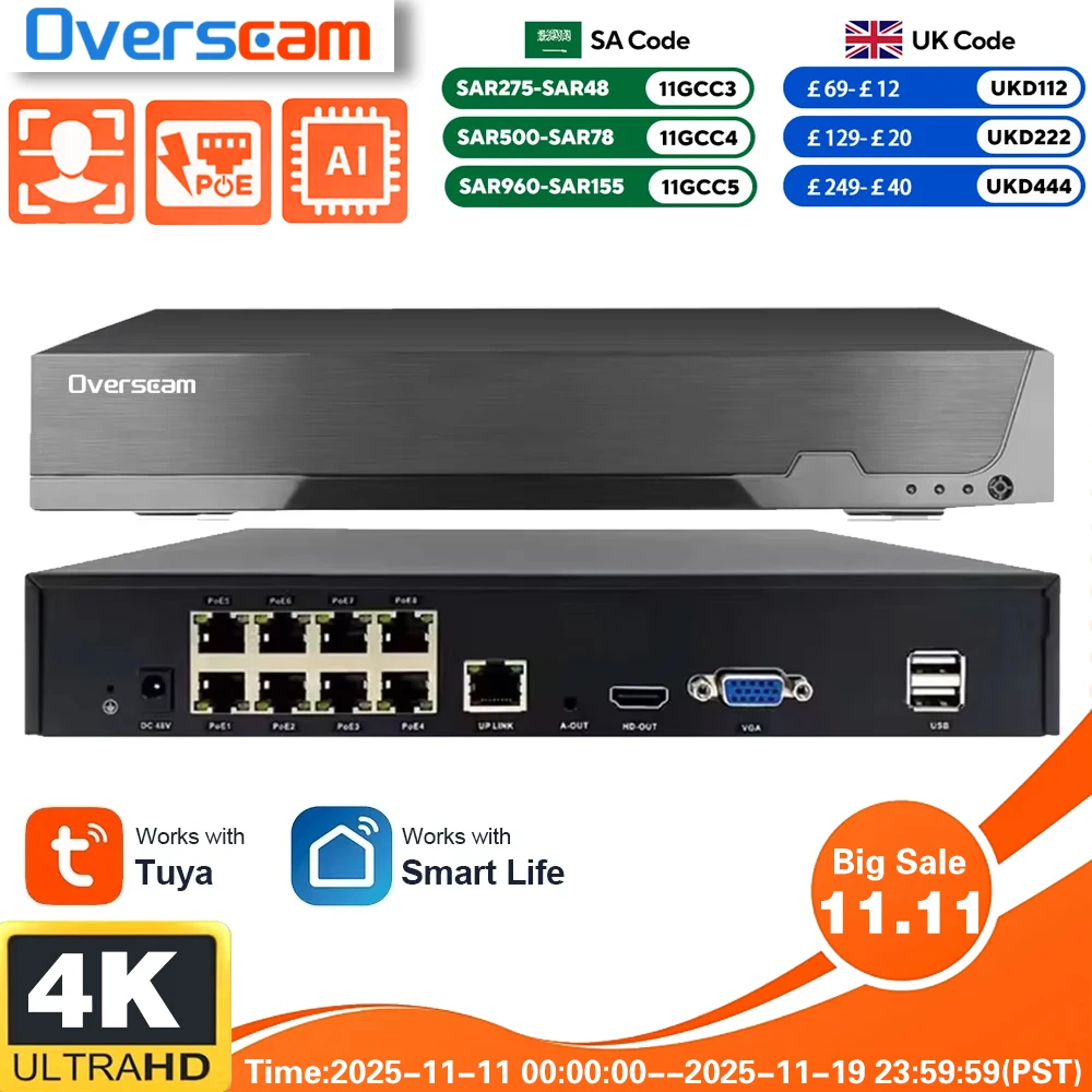 

Tuya Smartlife 8CH 4K 8MP 5MP 4MP 3MP 2MP H.265 Video Surveillance NVR Recorder Motion Detect Network P2P Recorder For IP Camera