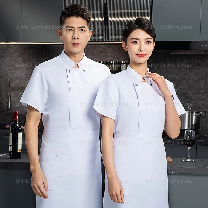 Abrigo de Chef transpirable para restaurante, delantal de uniforme de Chef negro, ropa de trabajo con logo, pantalones cortos de Chef, chaqueta de manga corta de cocina de verano para hombre