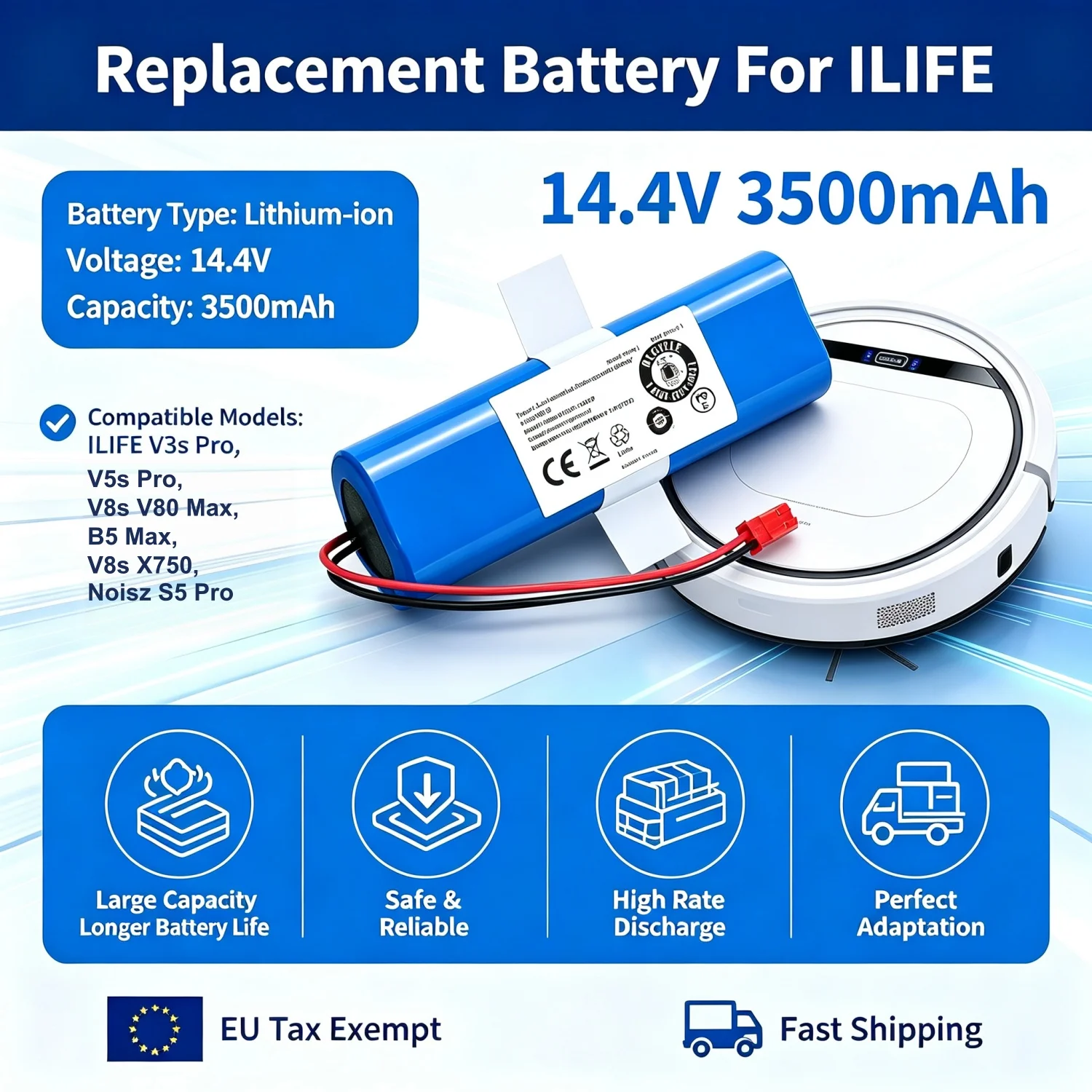 Aleaivy 14,4V 3500mAh Ersatz-Lithium-Ionen-Akku für ILIFE Roboterstaubsauger, PX-B010 18650B4-4S1P-AGX-2, kompatibel mit V3s Pro, V5s Pro, V8s, V80 Max, B5 Max