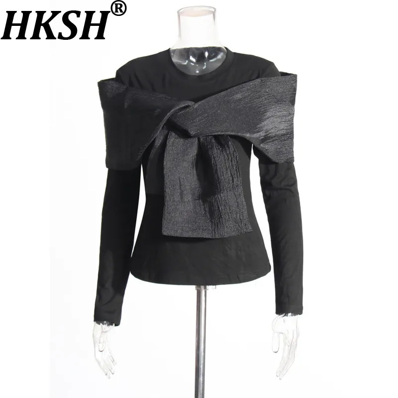 HKSH Women's Long Sleeve T-shirt Dark Style Patchwork Mesh Large Bow Design O-Neck Niche High Street Slim Top Autumn New HK27151