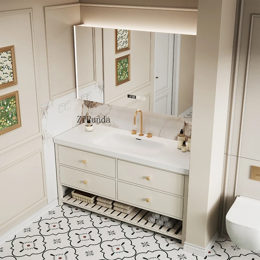 

Французский ретро шкаф для ванной комнаты от пола до потолка, комбинированный умывальник, каменная плита, бесшовный керамический умывальник