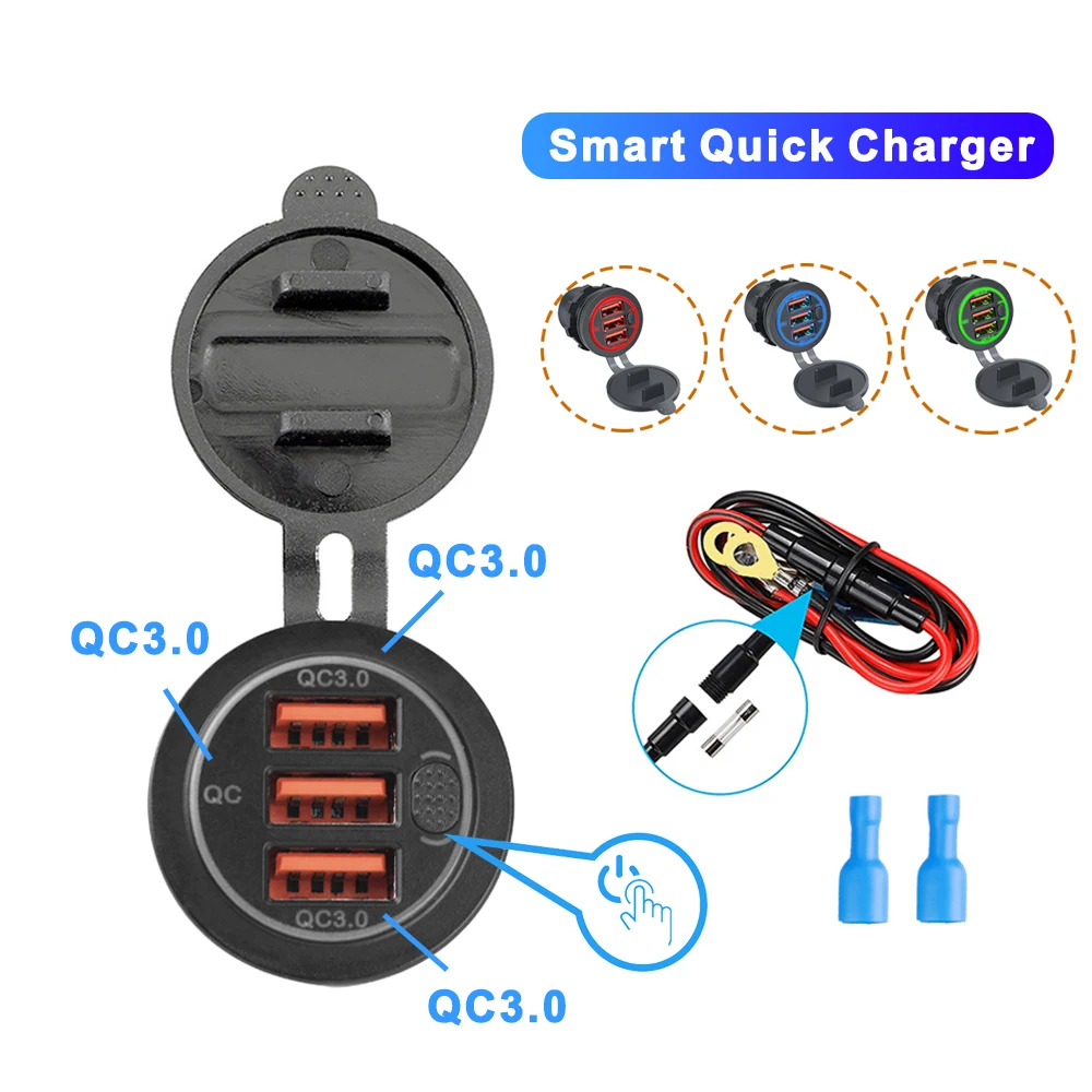 QC3.0 Triple Ports Fast Charging Cigarette Lighter Car USB 12V-24V Socket Power Outlet with Switch Charge Electronics Accessor