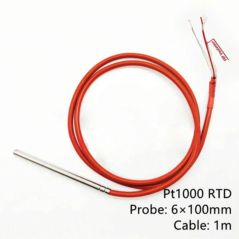 FS Waterproof PT1000 Temperature Sensor -50 ~ 200°C Probe DIA 6mm Insert Length 100mm Heat Resistant 2 Wire 1M Silicone Cable 