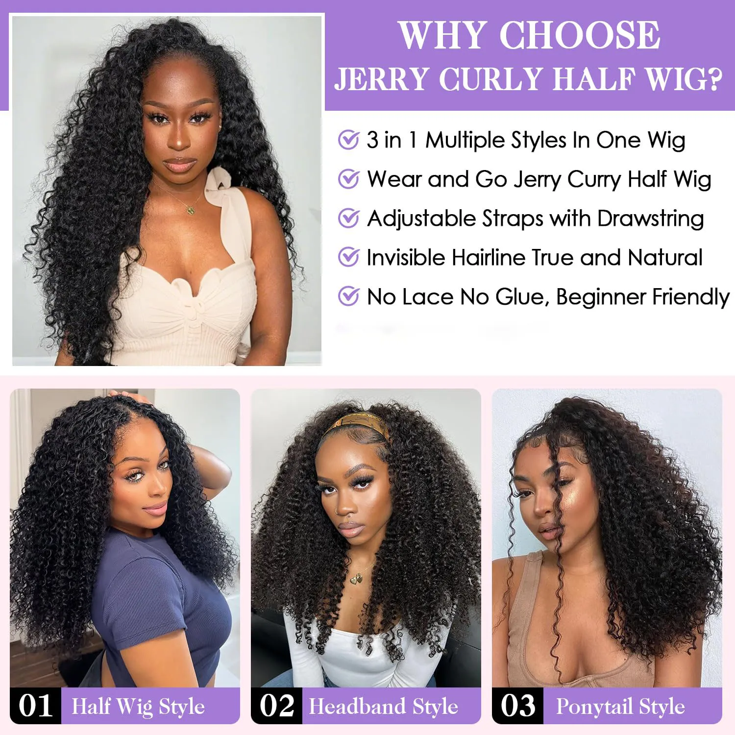 3-in-1 Multi-Wear Jerry Curly Halbperücke, natürliches Schwarz, brasilianisches Remy-Echthaar, maschinell gefertigt, 200 % dicke Dichte, nahtloses Flip-Over-Design, verstellbarer Kordelzug, Wear-and-Go für Damen – Detail 15