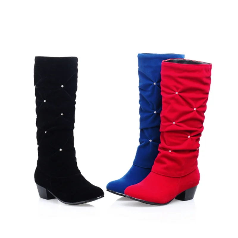 Women Spring Red Blue Black Motorcycle Boots Pleated Slip-On Knee-Height Botas Long Flock Shoes Chunky 4cm Heels Round Toe 34-43