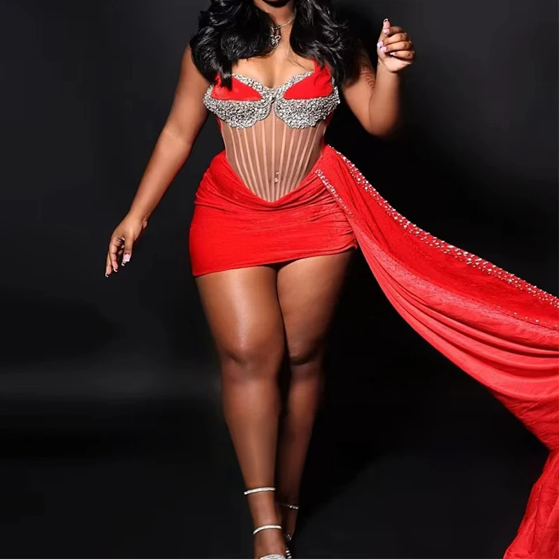 Magnifique robe de soirée en velours avec accents de strass, Corset transparent, longue drapée sur le côté, robe de bal, robe de Cocktail Sexy, robe de soirée